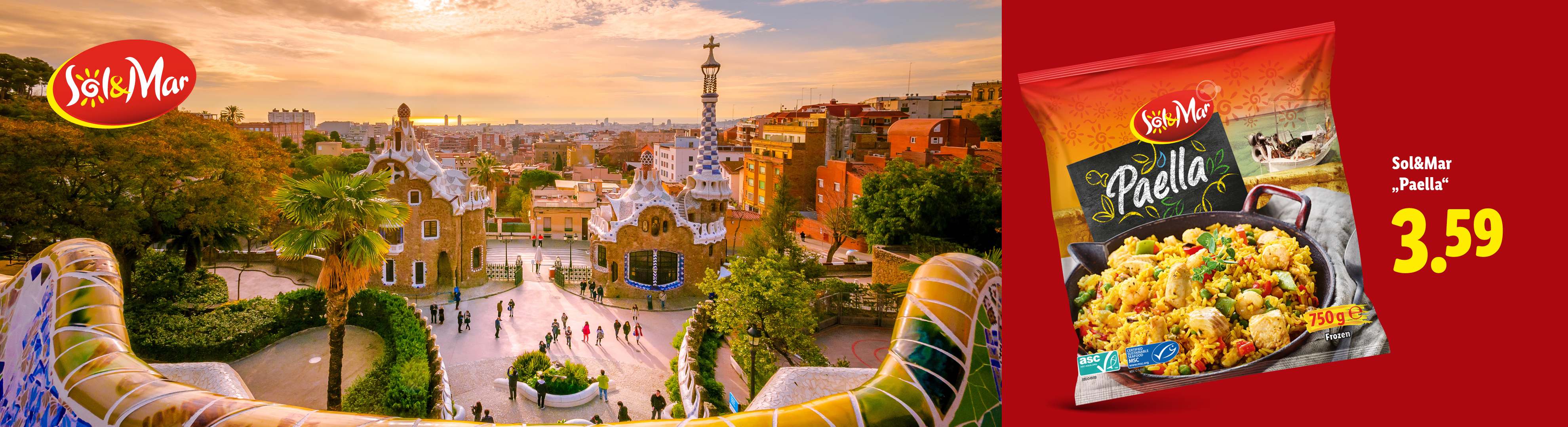Paket zamrznjene paelle s ceno 3,59 € in slikovito ozadje parka Güell v Barceloni.