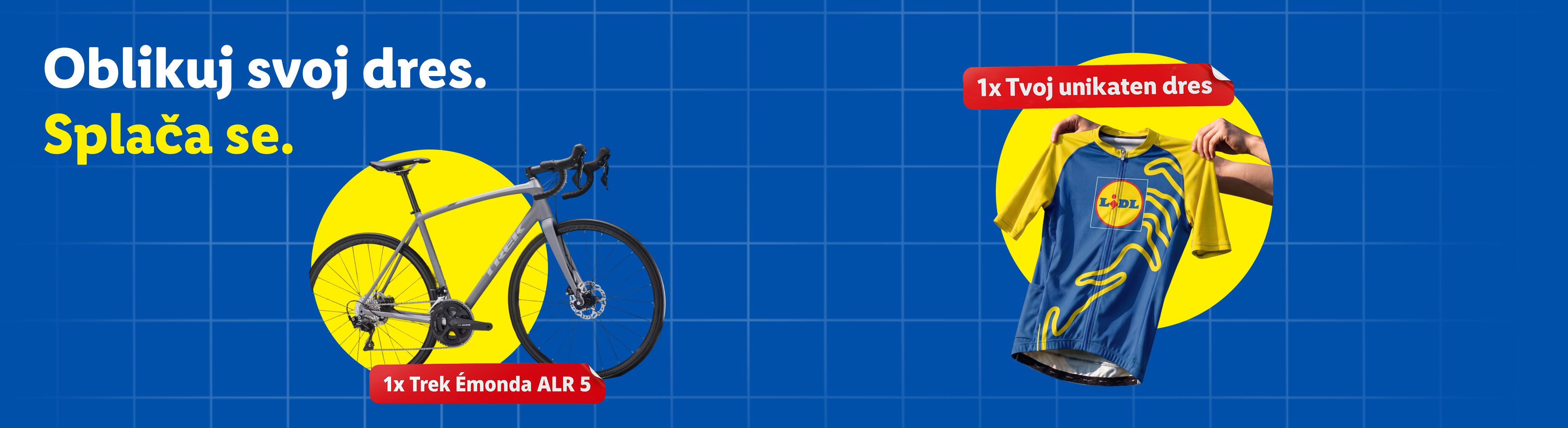 Kolesarski dres in kolo Trek Émonda ALR 5. Besedilo: Oblikuj svoj dres. Splaca se. 1x Tvoj unikaten dres. 1x Trek Émonda ALR 5.