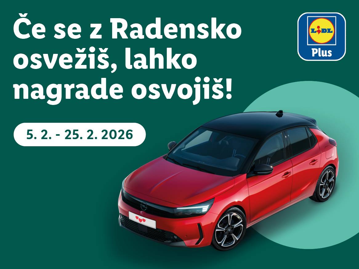 Oglas za nagradno igro z rdečim avtomobilom in datumom 5. 2. - 25. 2. 2026.