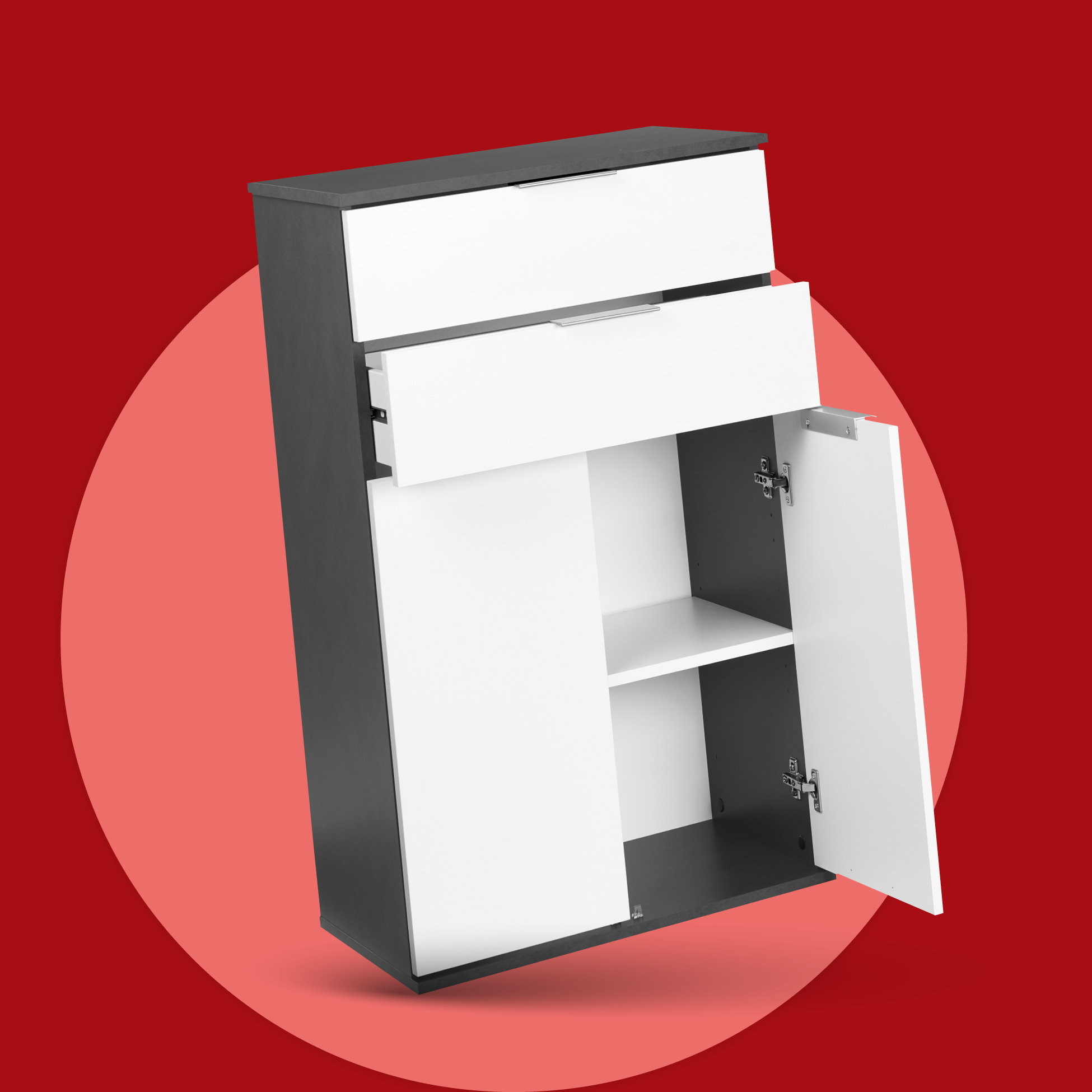 Črno-bela omarica z dvema predaloma in dvema odprtima policama, postavljena na rdečem ozadju.