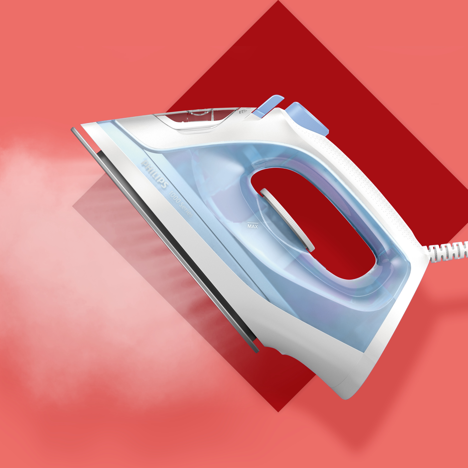 Parni likalnik v beli in modri barvi, ki oddaja paro, na rdečem ozadju.