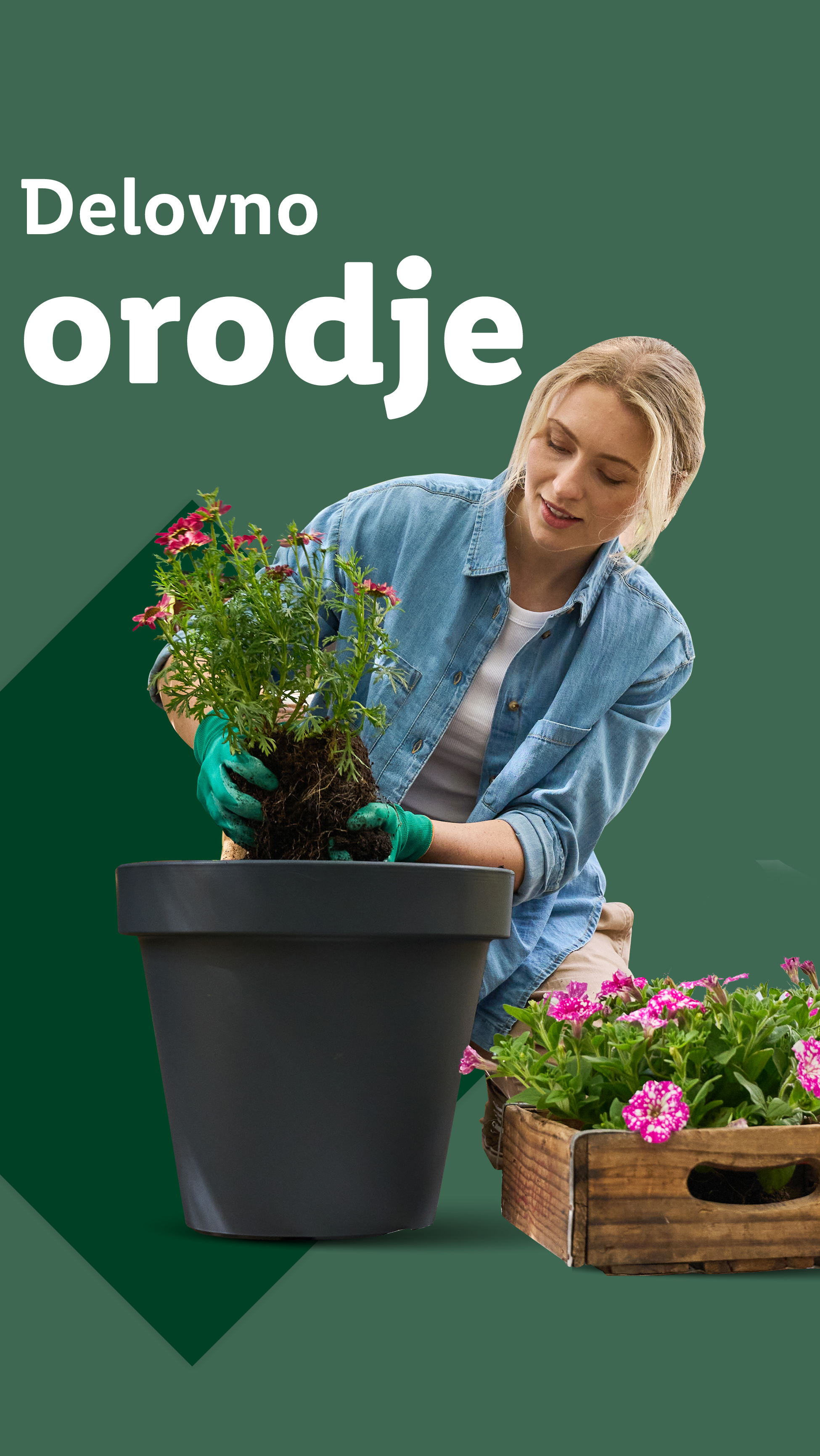 Ženska sadi rože v lonec, z napisom 'Delovno orodje'.