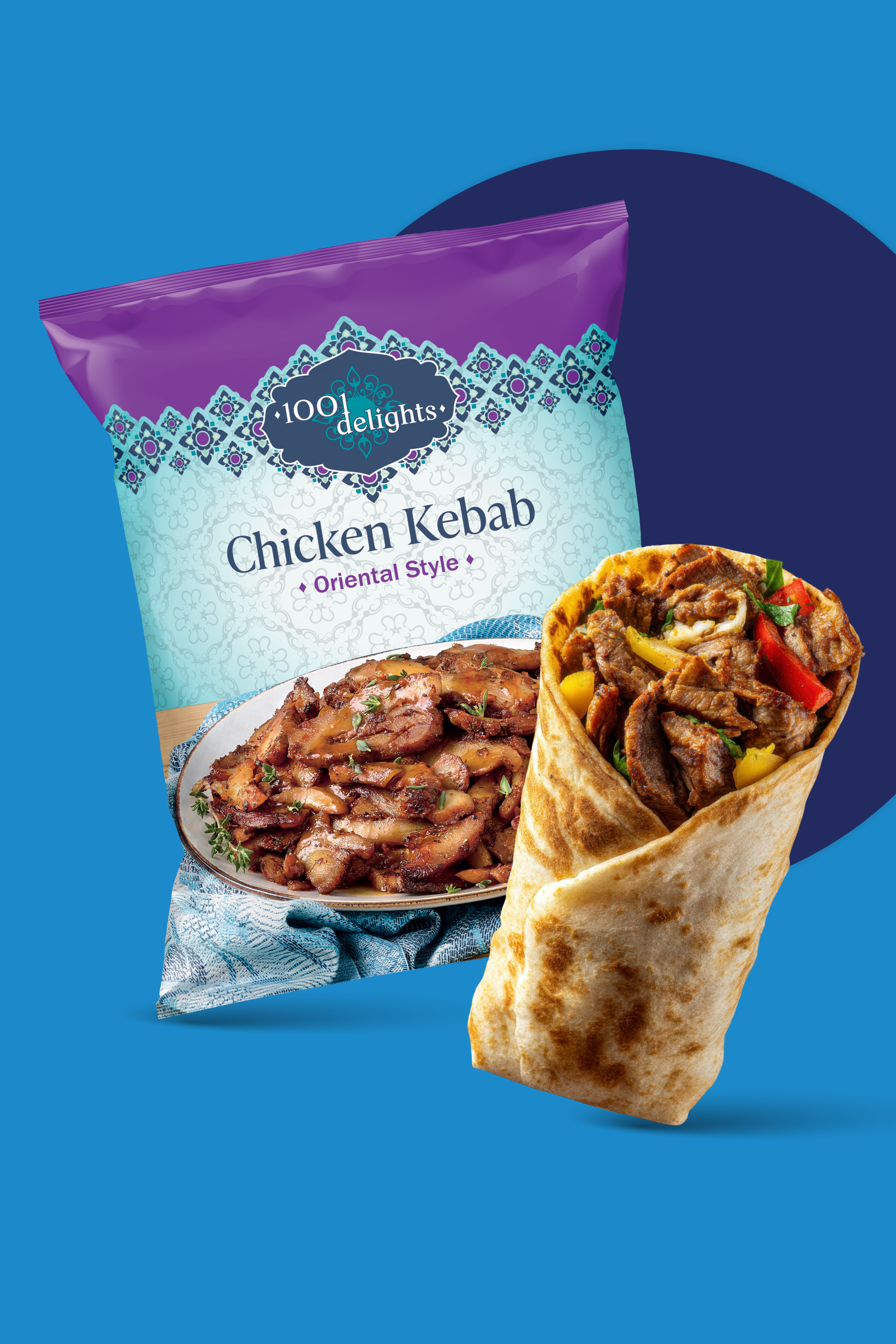 Pakiranje piščančjega kebaba v orientalskem slogu, s krožnikom piščanca in zavitkom.