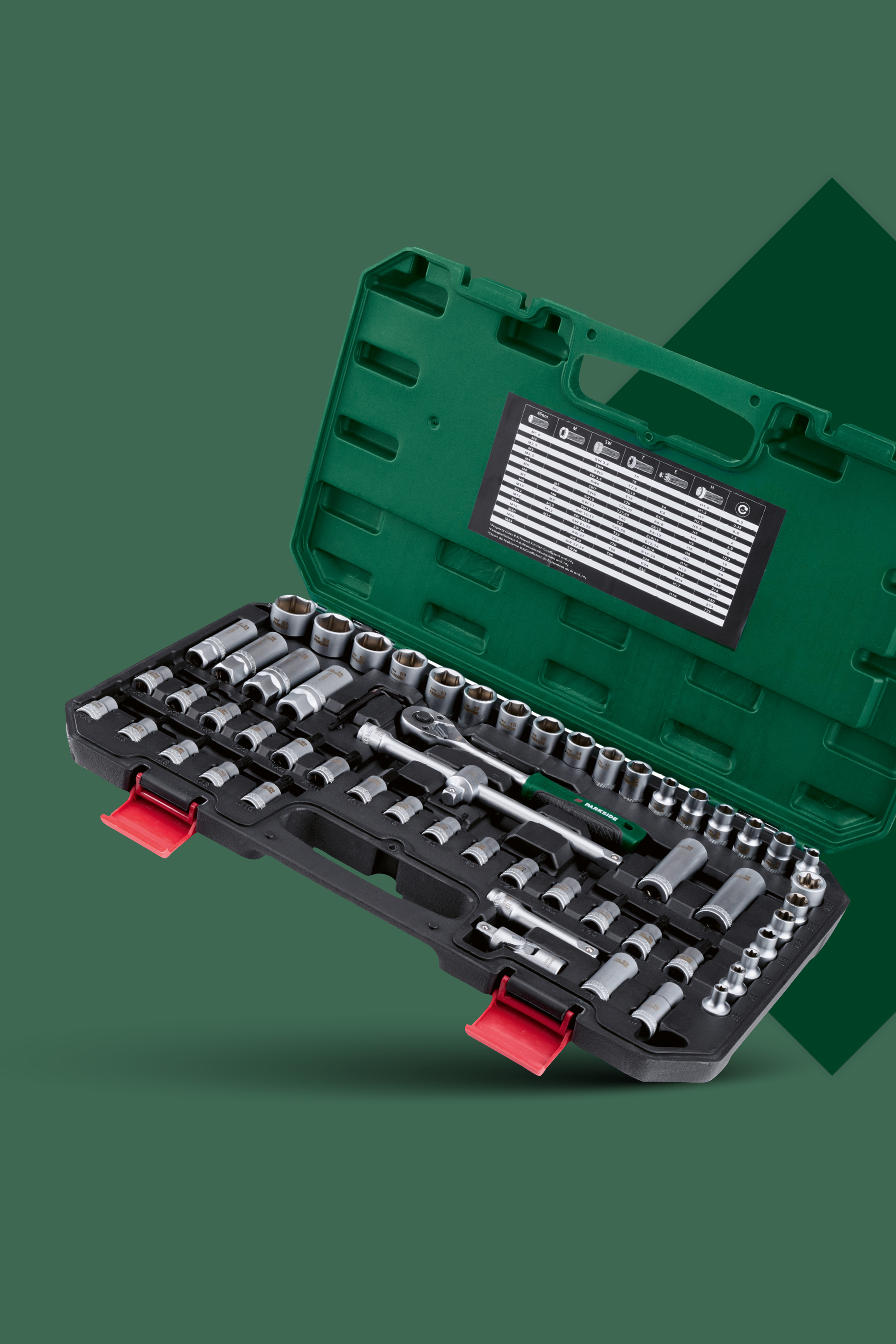 Komplet nasadnih ključev in raglje v zeleni škatli, z različnimi velikostmi in orodji, vključno z informacijami o velikostih.