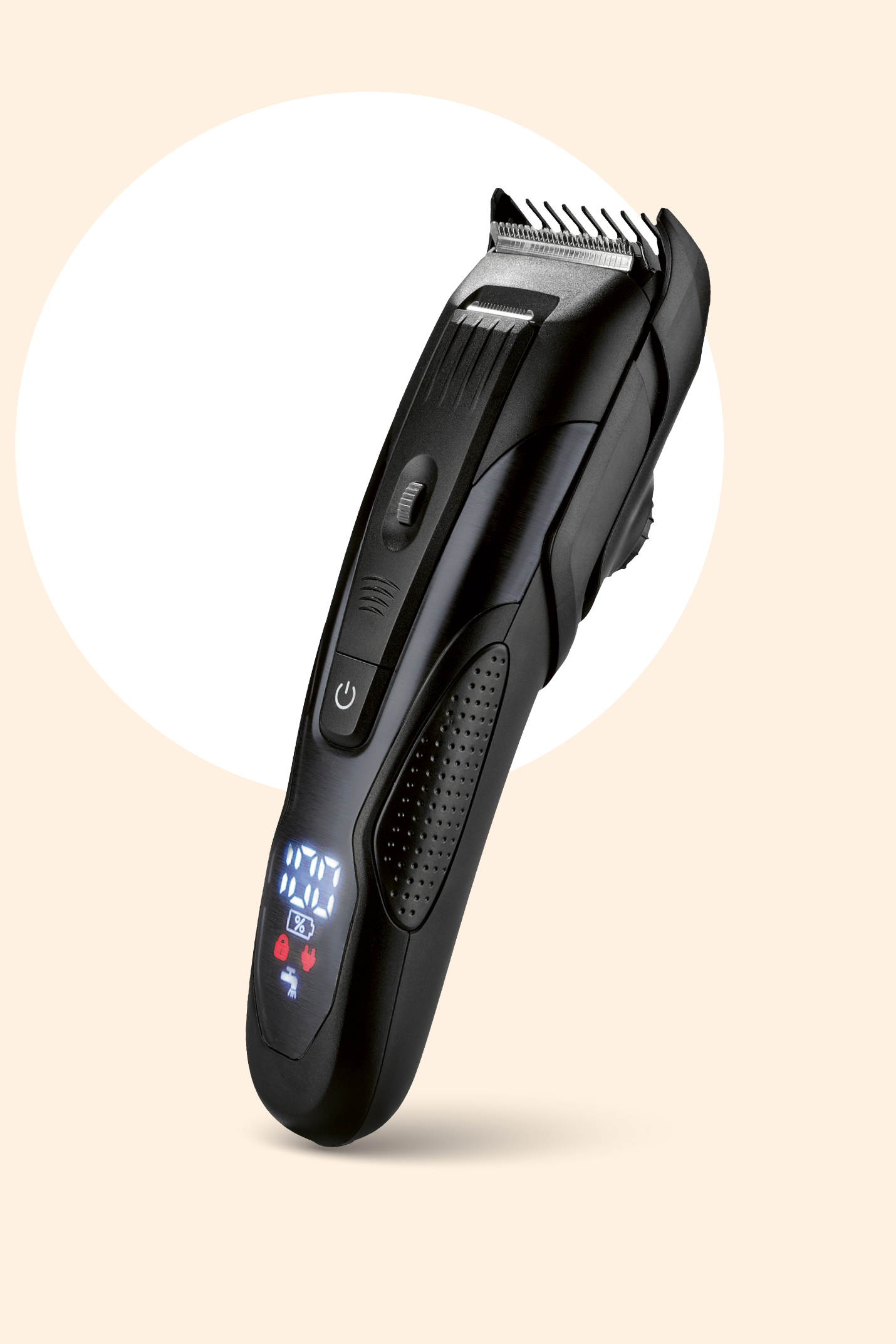 Črni strižnik za lase z digitalnim zaslonom in nastavljivim glavnikom.