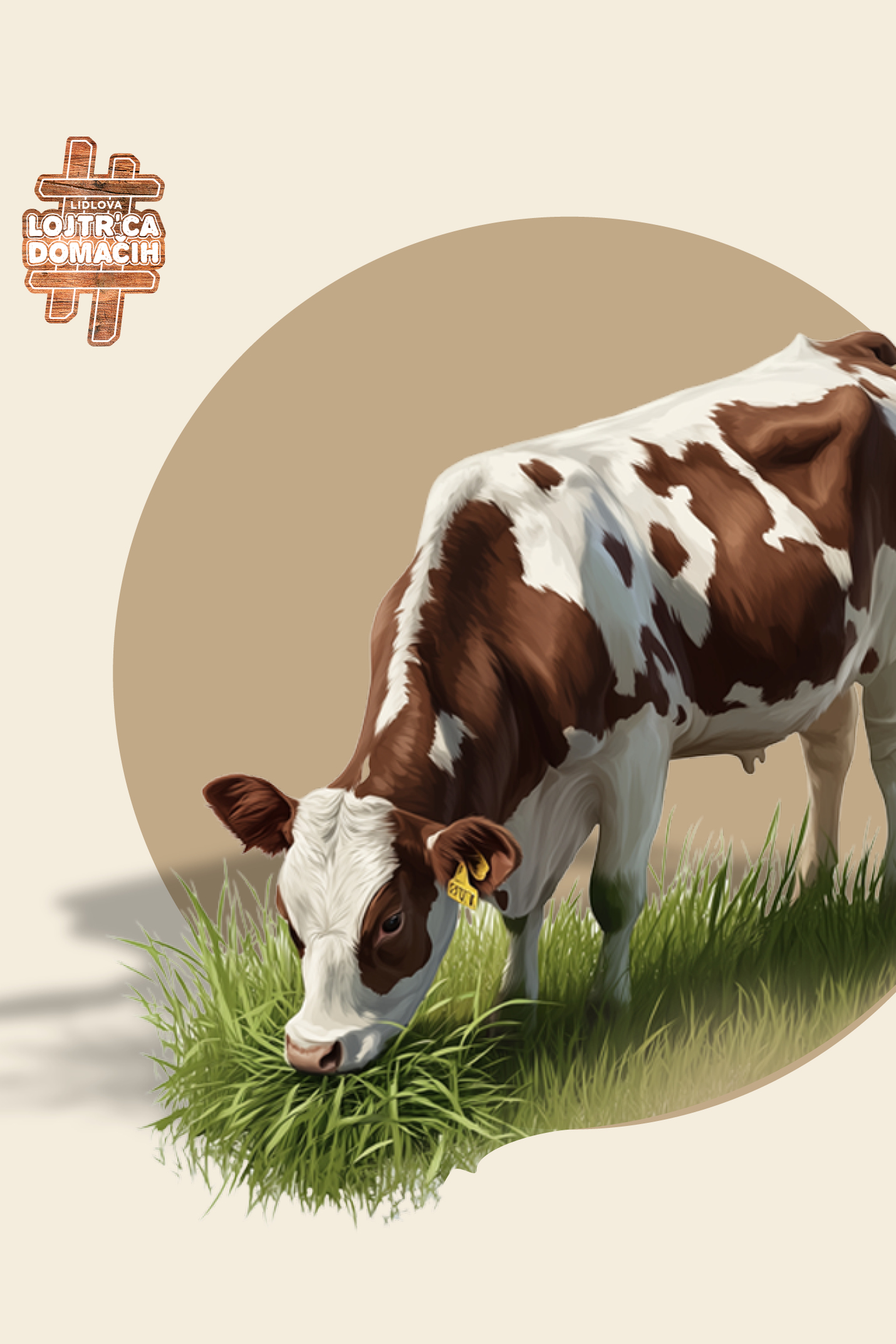 Krava pase travo, z napisom 'Lidlova Lojtrica Domačih' v lesenem slogu.