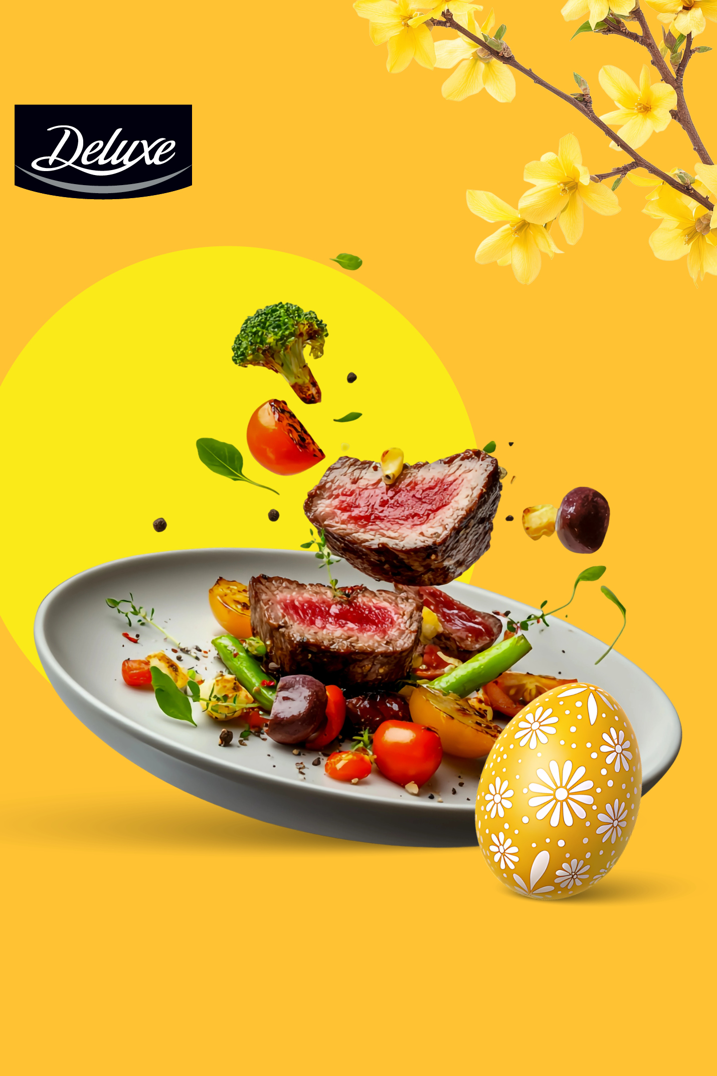 Zrezek z zelenjavo, začimbami in velikonočnim jajcem na rumenem ozadju s forzicijo.