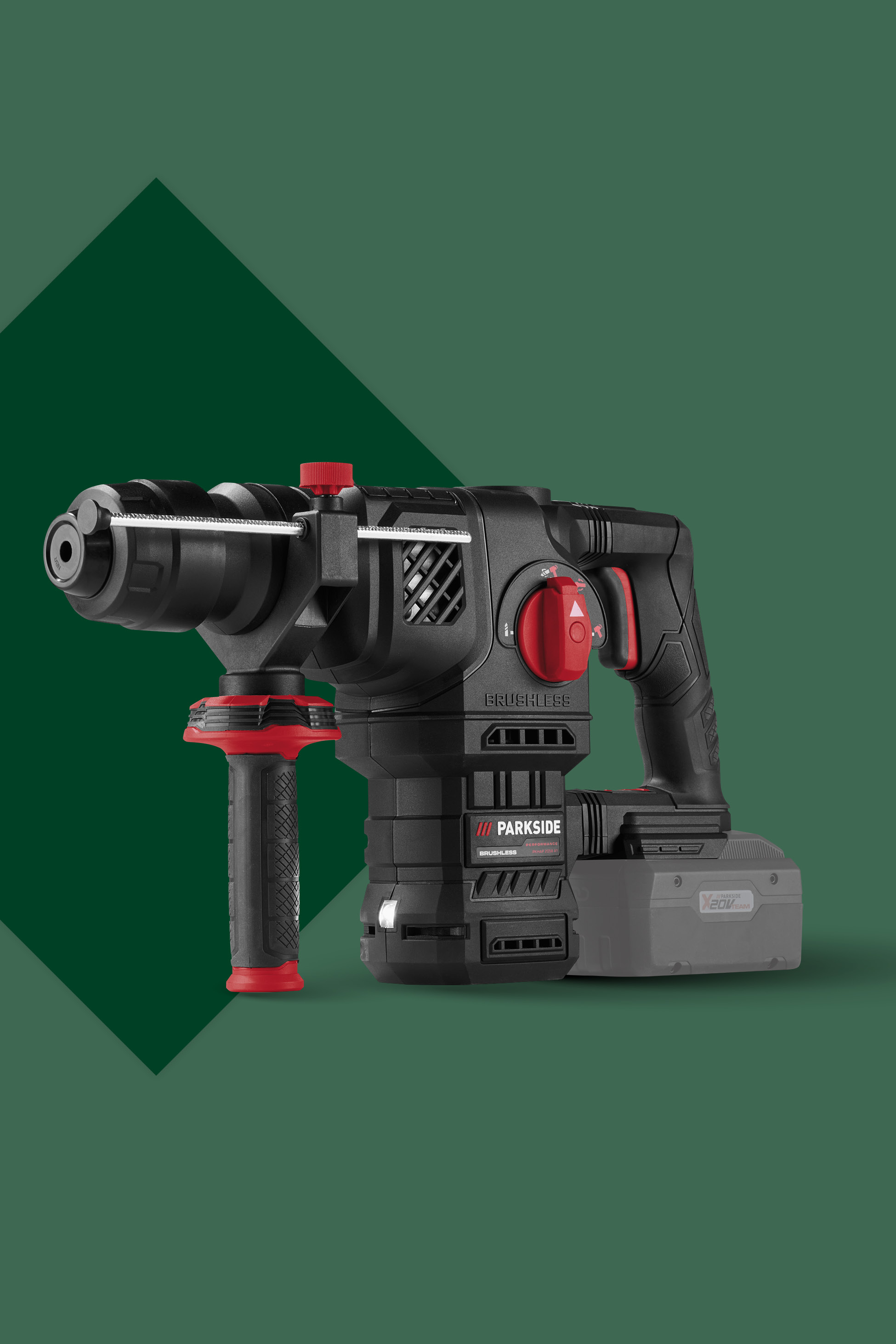 Akumulatorsko udarno kladivo s snemljivo baterijo in dodatnim ročajem.