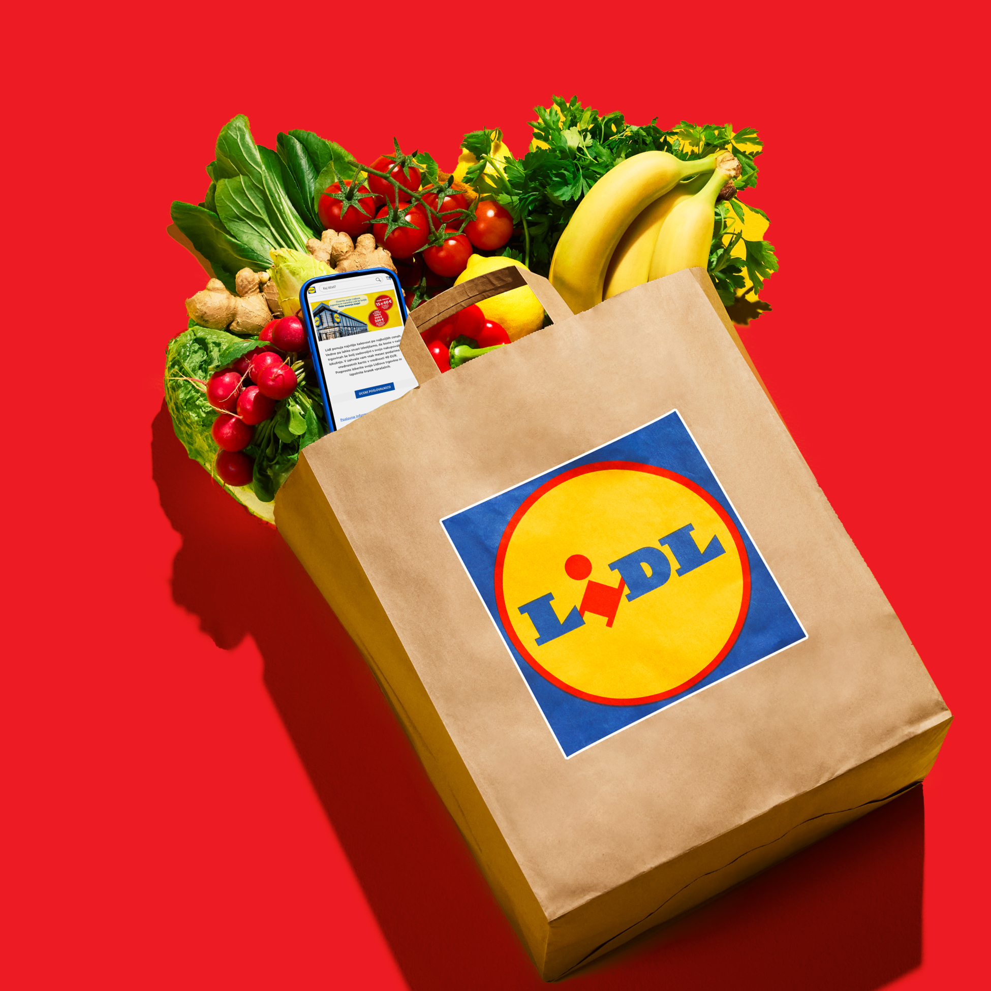 Lidl papirnata nakupovalna vrečka, polna svežega sadja in zelenjave, s telefonom, ki prikazuje spletno stran Lidla.