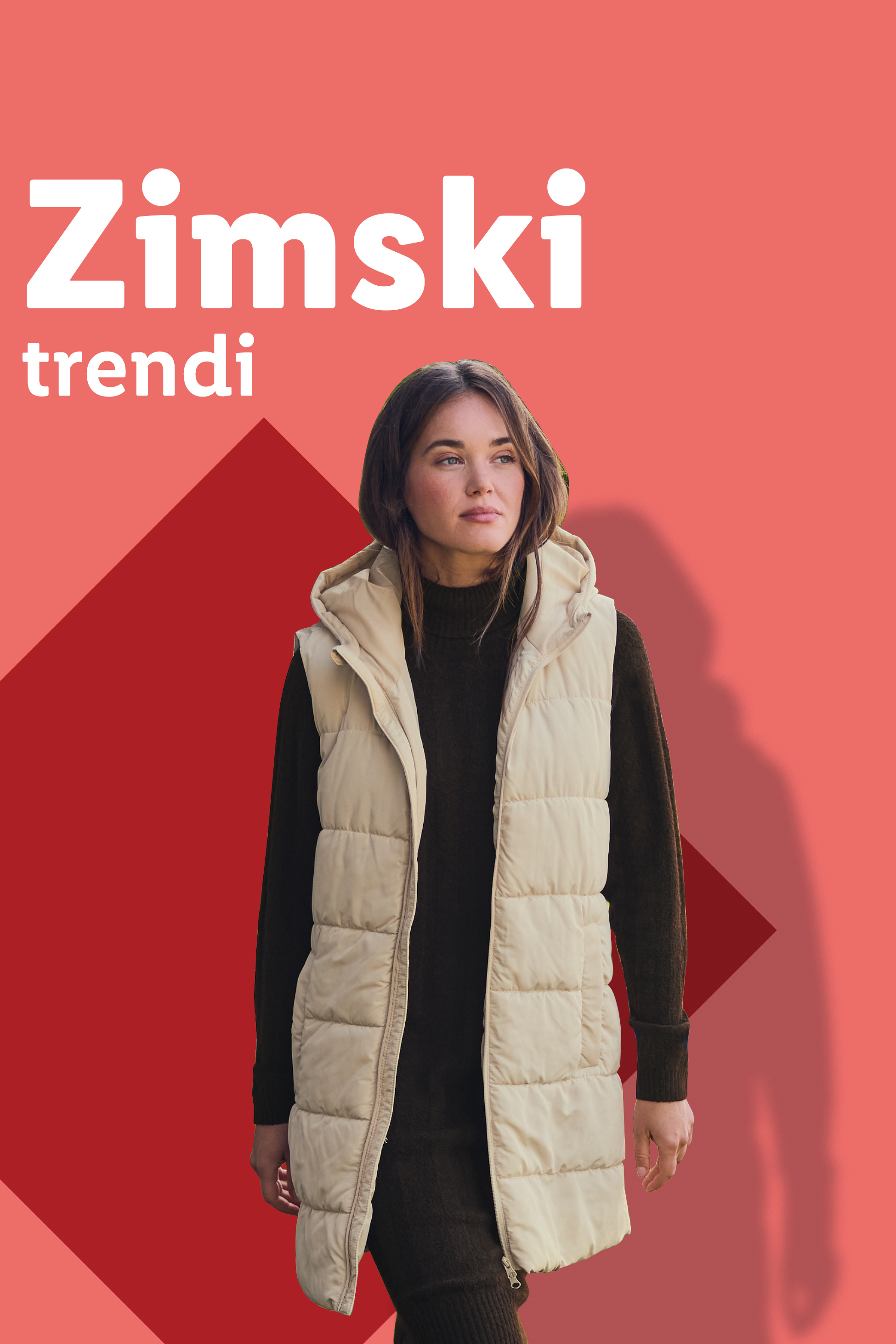 Ženska v bež prešitem brezrokavniku in temno rjavem puloverju, z napisom Zimski trendi.