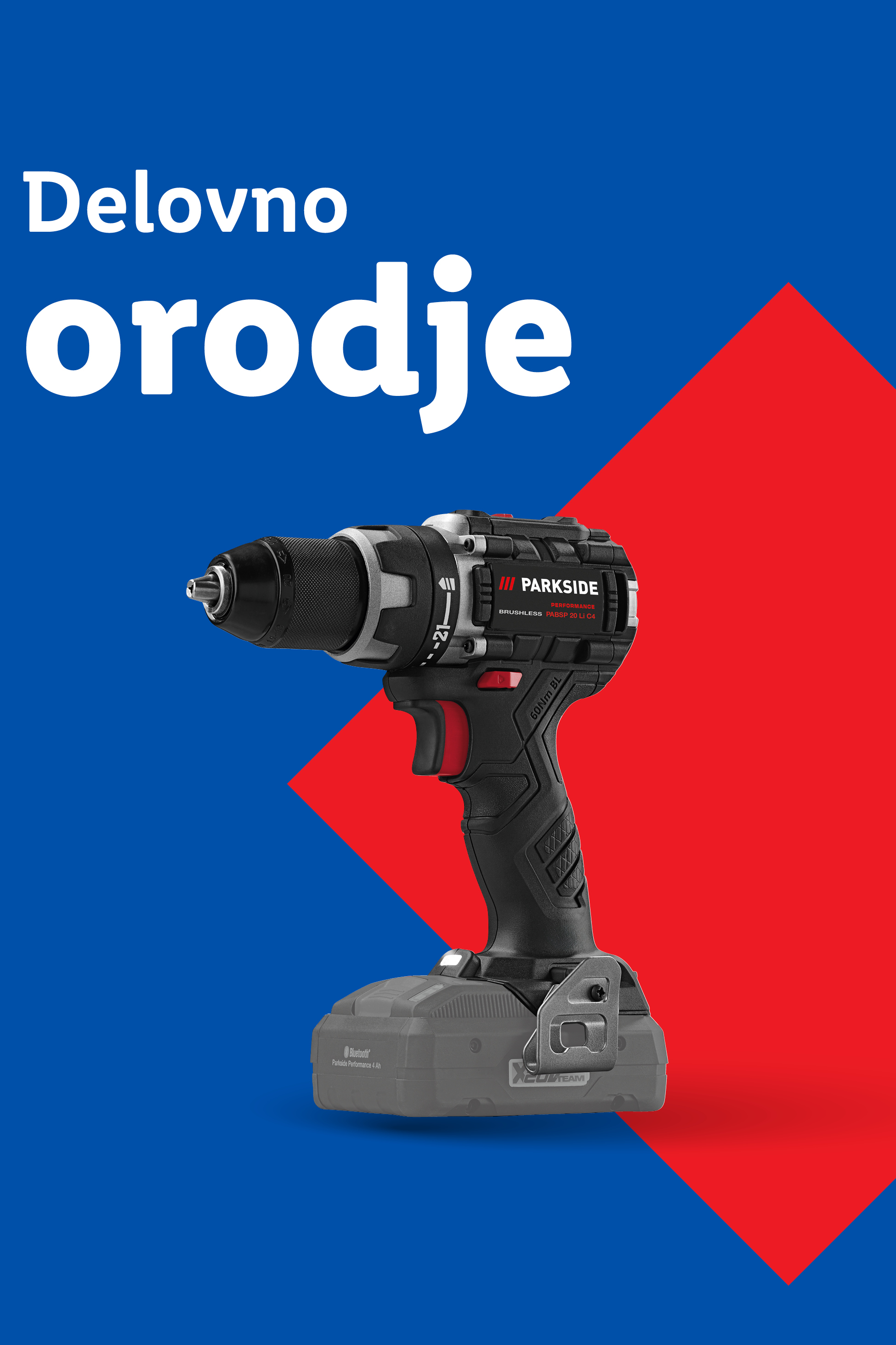 Akumulatorski vrtalnik Parkside Performance na modro-rdečem ozadju z napisom 'Delovno orodje'.