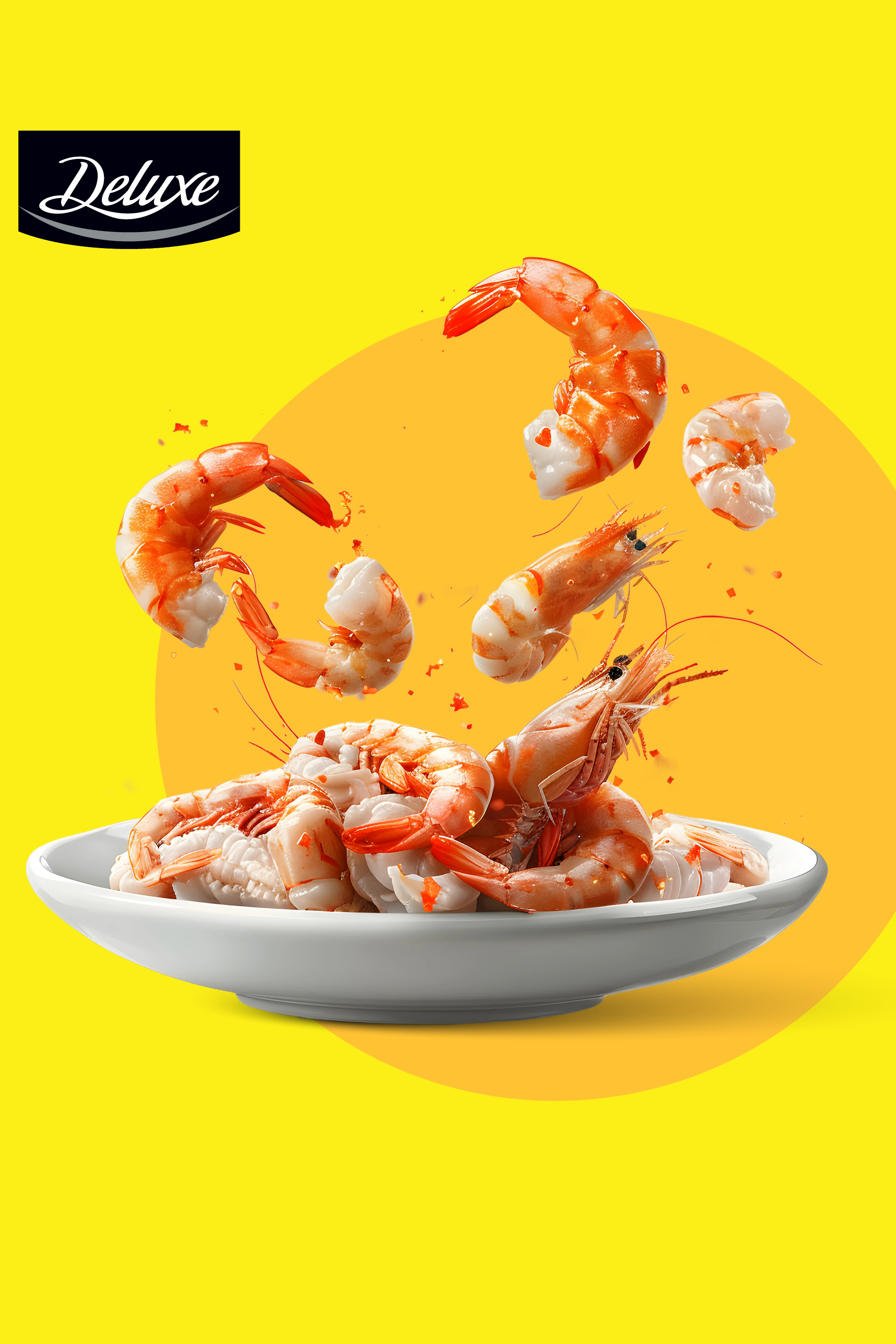 Kuhane kozice in škampi v beli skledi, nekaj jih lebdi nad njo, na rumenem ozadju.