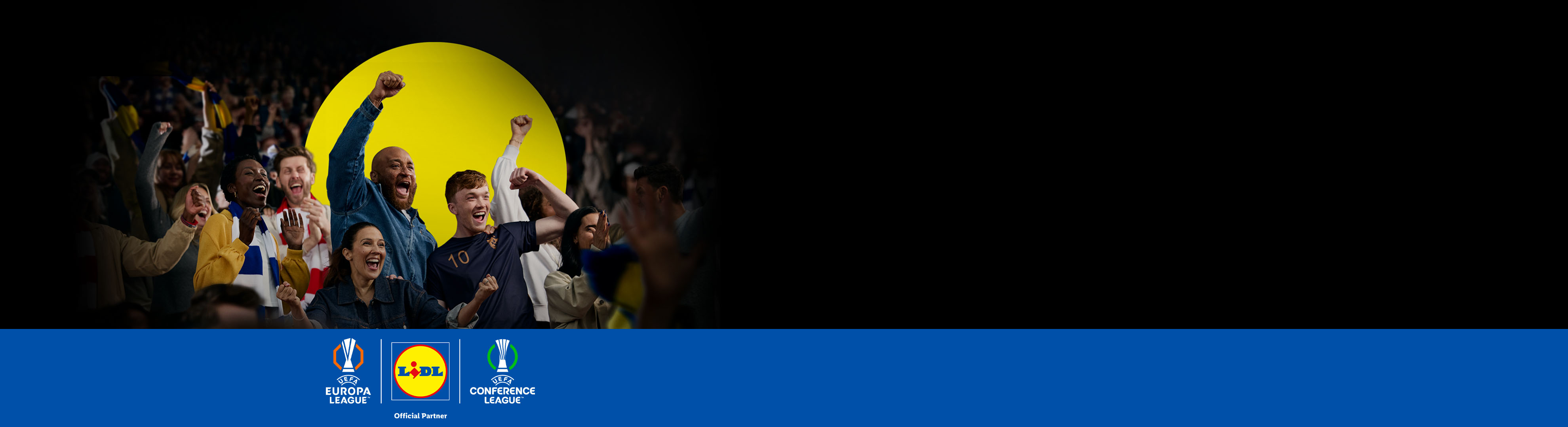 Navdušeni navijači na nogometni tekmi, z logotipi Lidl, UEFA Europa League in UEFA Conference League.