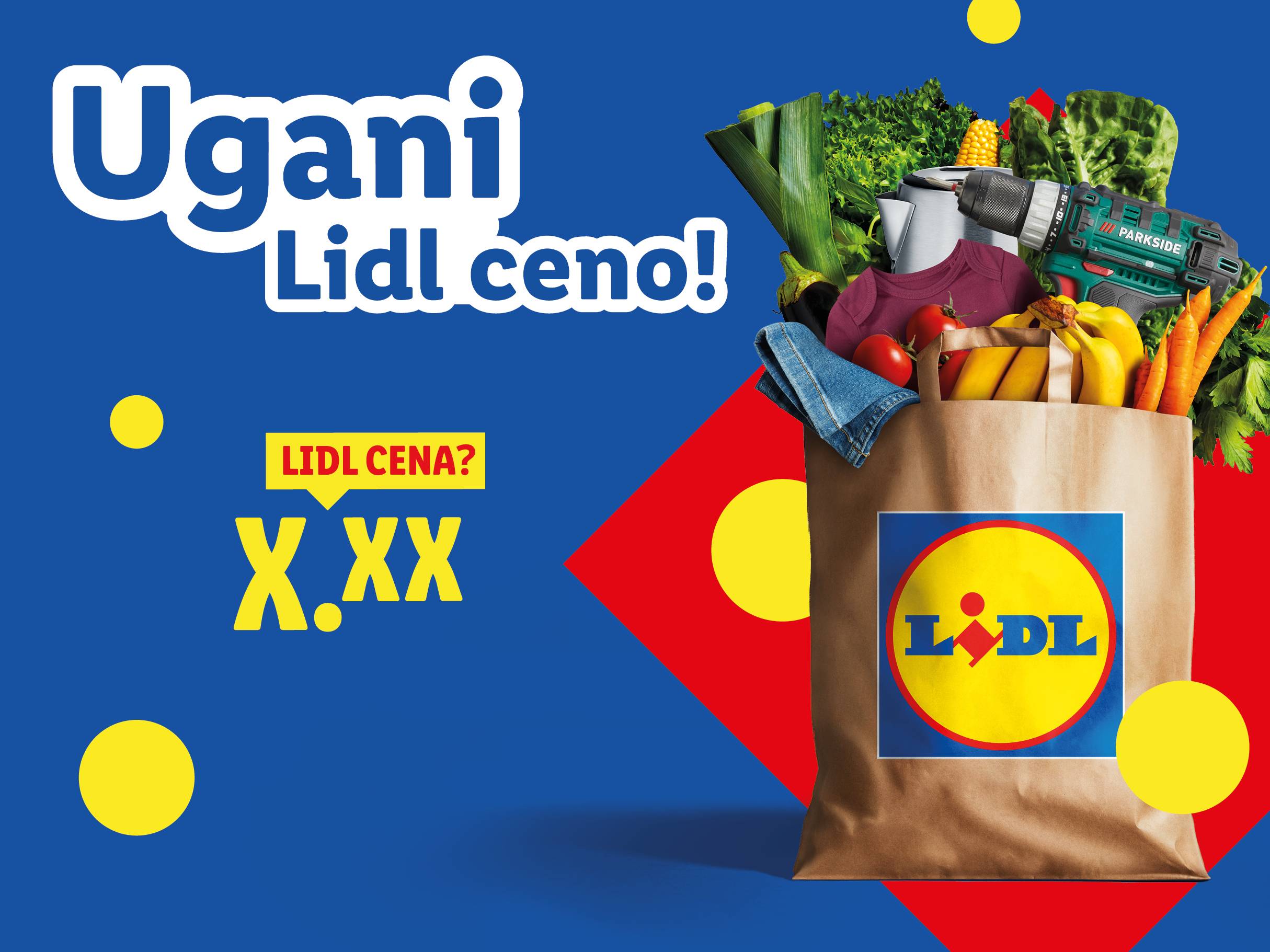 Nakupovalna vrečka, polna živil, oblačil in orodja, z napisom 'Ugasi Lidl ceno!' in vprašanjem o ceni.