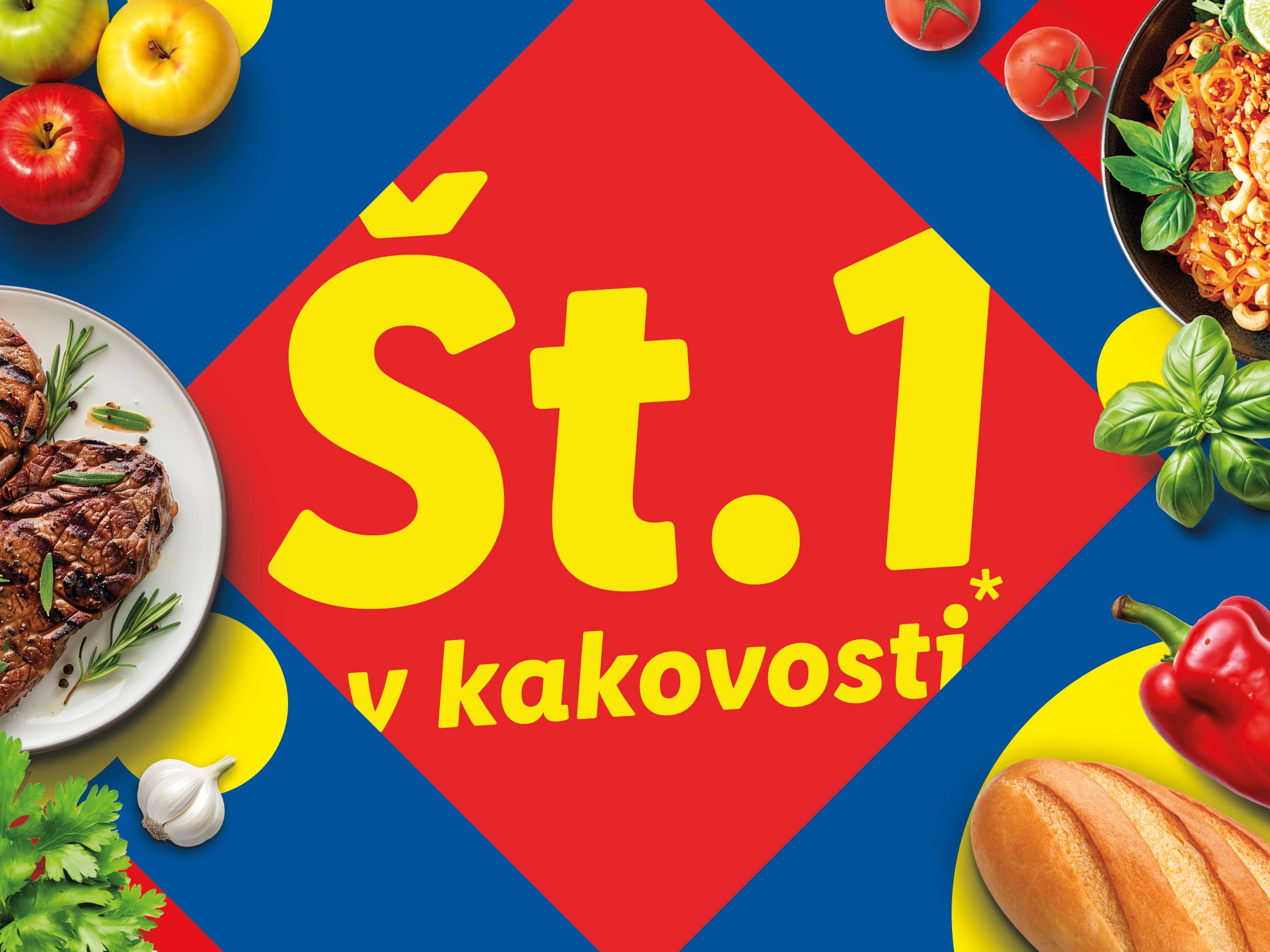 Živila, vključno z mesom, sadjem, zelenjavo in kruhom, z napisom 'Št. 1 v kakovosti'.